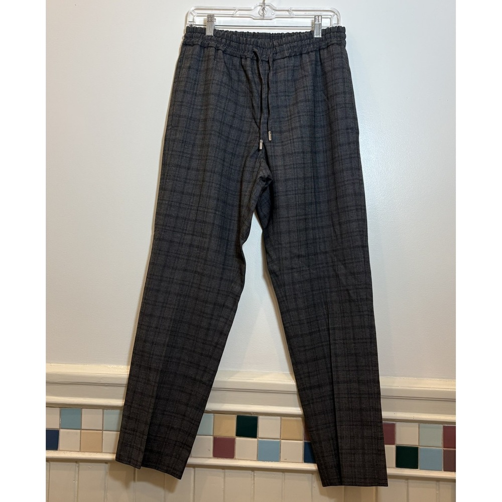 Mr P. Grey Plaid Virgin Wool Cotton Drawstring Tapered Trousers 32 (28) Portugal